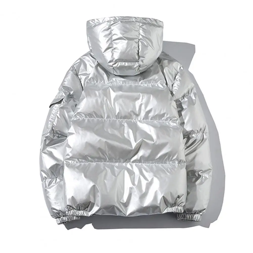 Winter-Parkas für Herren, Baumwollmantel mit Kapuze, langärmelig, hochglänzende Oberfläche, gesteppte Jacke mit Taschen, lockere Passform, verdickt, warm, kurz