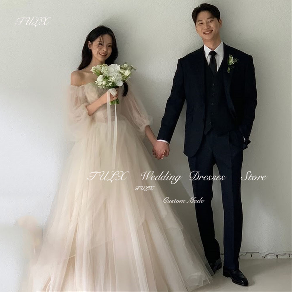 Tulx elegante Schatz Puff ärmel Brautkleid Korea Fotoshooting eine Linie Tüll Brautkleider langes Korsett CYREAD NACH VERKLEIDUNG nach Maß