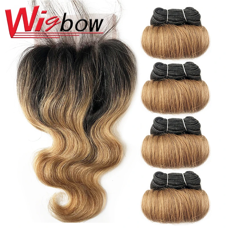 Pacotes curtos do cabelo humano com fechamento, onda brasileira do corpo, pre-arrancado transparente, 4x4, 13x4, T1b27 30