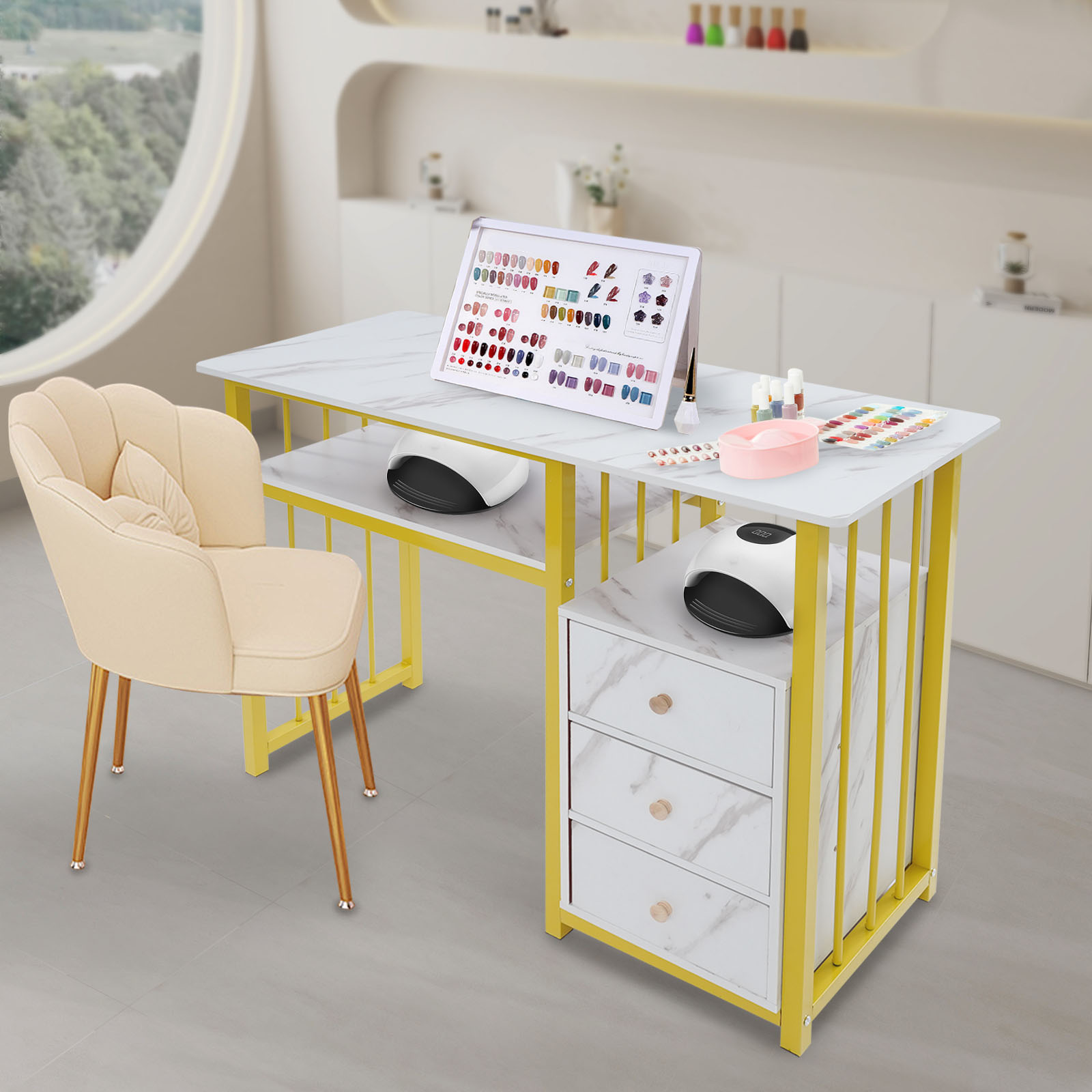 Bureau à ongles Table de manucure Texture marbrée bureau de manucure avec 3 tiroirs 100*40*76 cm pour salons, bureaux, salon de manucure