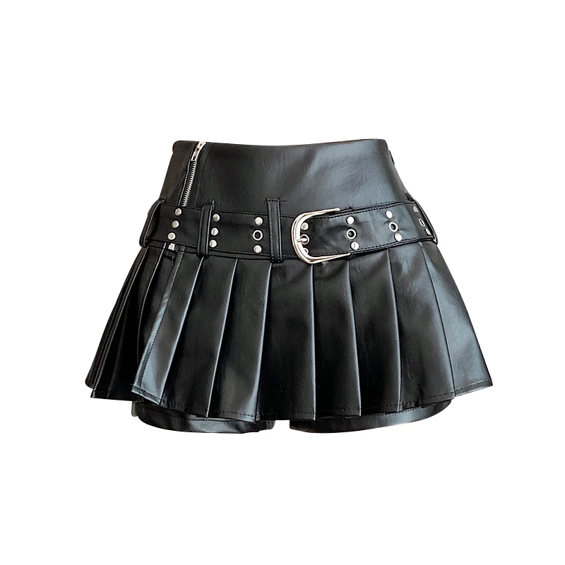 Falda de cuero plisada acampanada gótica negra para mujer, minifaldas cortas Y2k, falda Emo coreana Harajuku, ropa Vintage de los años 2000 para verano