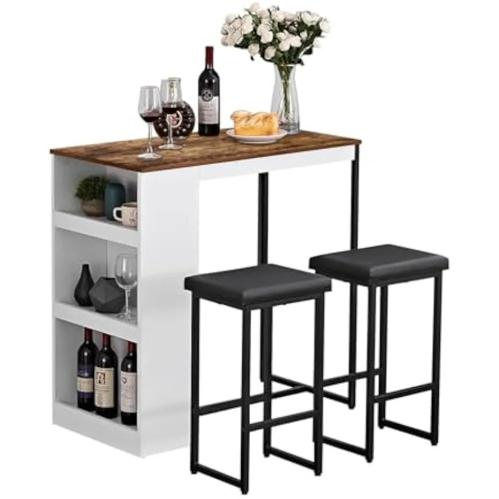 3 Piece Dining Table Set Kitchen Bar Table with Two Stool Storage Shelves Wood Counter Height Table Top with Sew Kerf