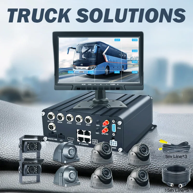 Truck Bus 8CH MDVR HDD Mobile DVR NVR GPS 4G Video Recorder 10.1 Inch Car VGA Monitor Backup Camera System