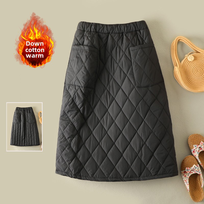 Warmth Lightweight down Cotton A-Line Mini Skirt Women's Slimming Mid-Length High Waist Outerwear Long Skirt Autumn Winter