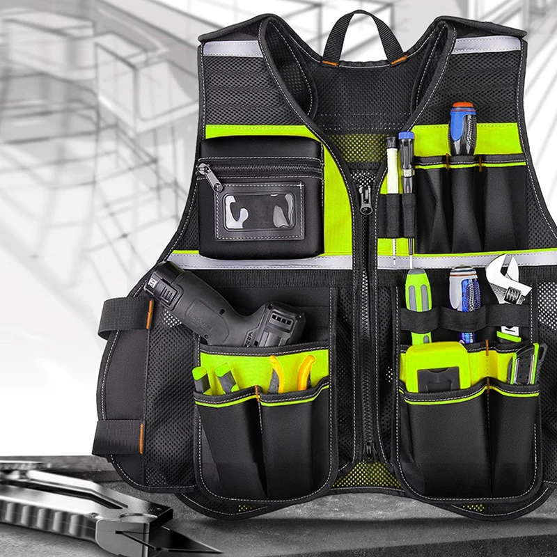Abbigliamento da lavoro Gilet per attrezzi da lavoro completo Gilet di sicurezza riflettente con multitasche e cerniera Gilet per attrezzi resistente per elettricisti