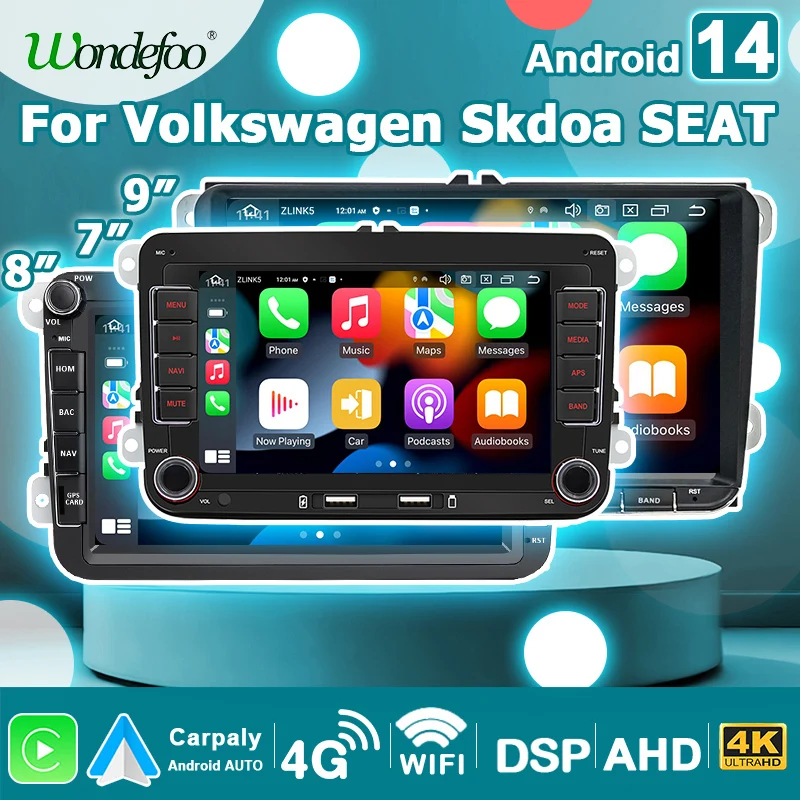 Android 14 Car Radio Carplay, Leitor multimídia, 7 ", 8", 9 "Screen, 2 DIN, VW Amarok, Skoda, Fabia, Limavan, Roomster, SEAT Altea