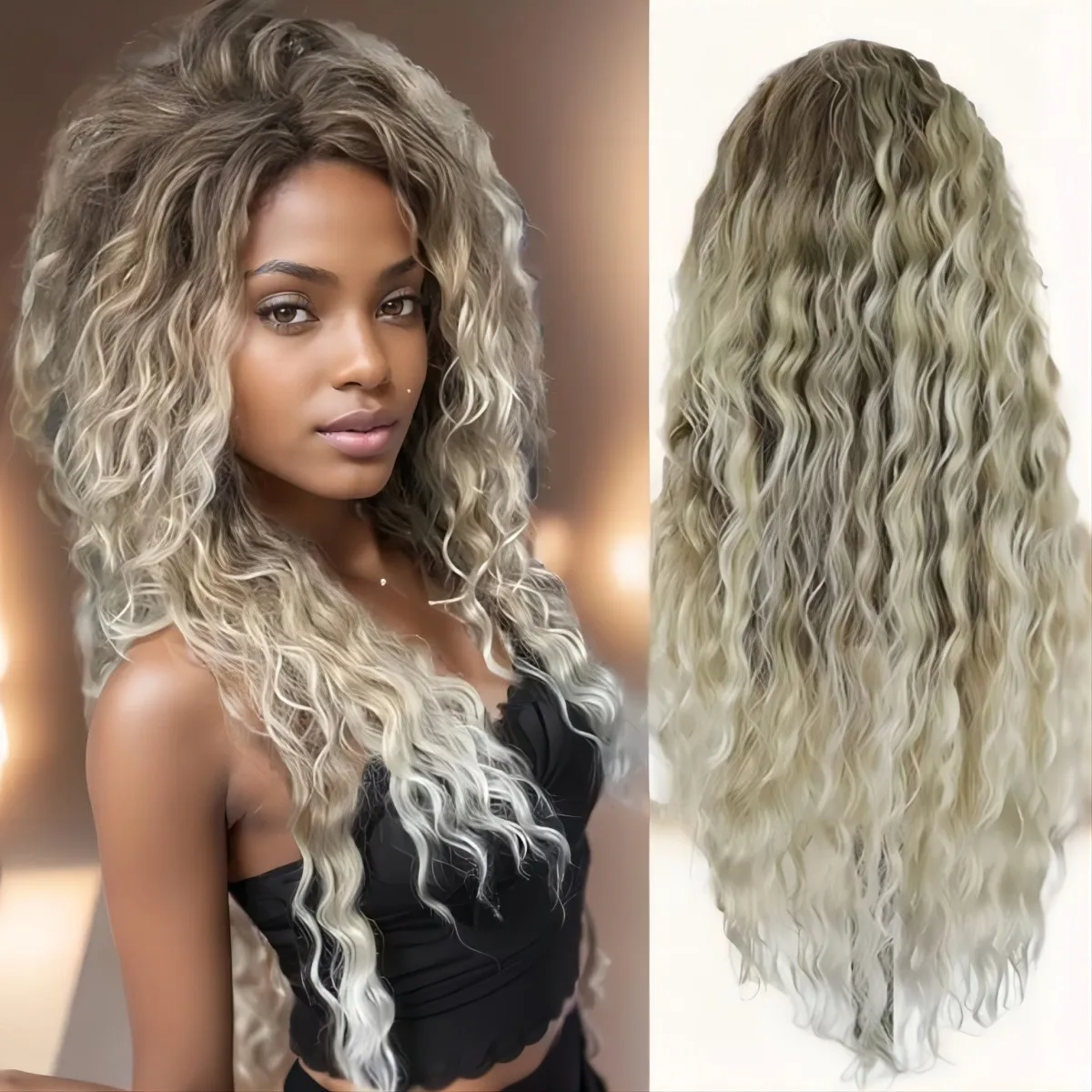Ash Blonde Curlyวิกผมสังเคราะห์ผมยาวหยิกWigsสําหรับผู้หญิงFluffyทรงผมWave Ombreวิกผมเครื่องแต่งกายCarnival Partyวิกผมปกติ