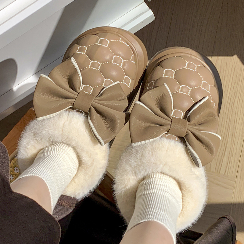 Botas de neve de sola grossa para mulheres, Sapatos bonitos de algodão Bow, Botas de pelúcia confortáveis para casa, Inverno