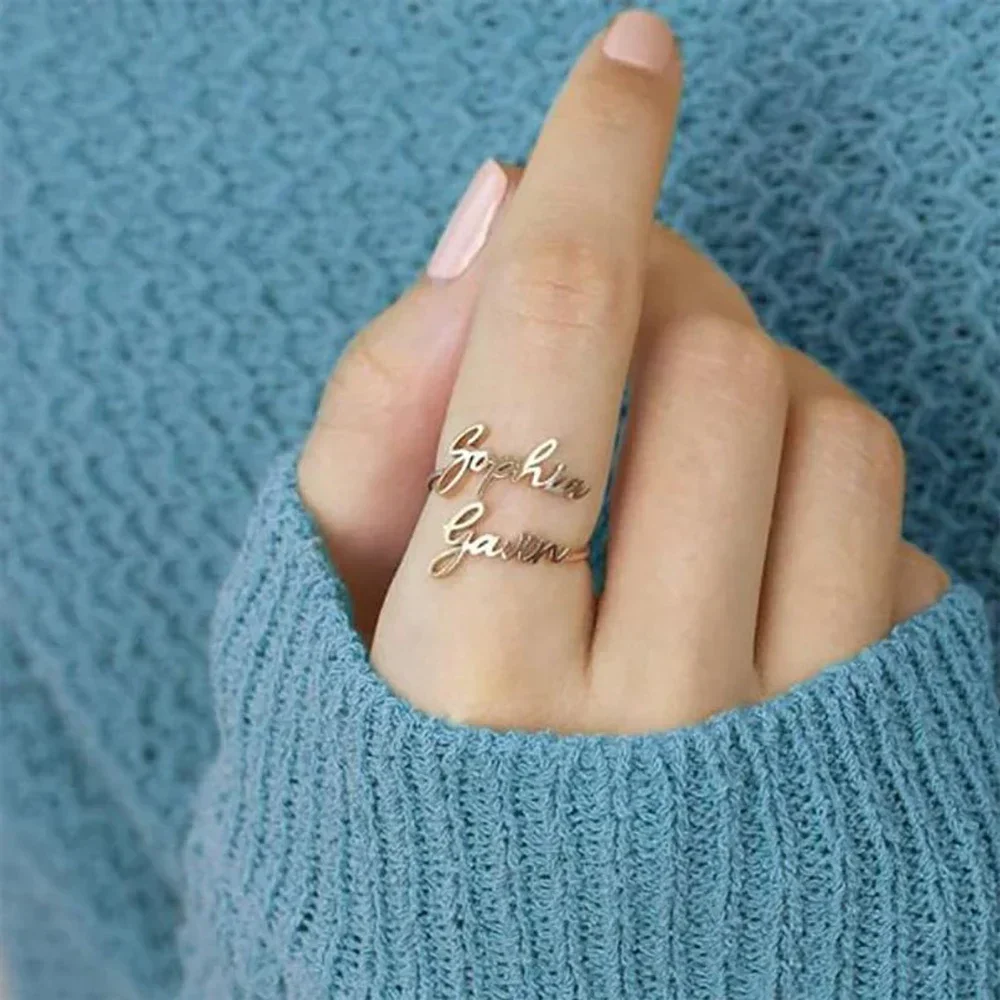 Anillo personalizado con doble nombre, anillos de promesa de pareja ajustables abiertos de acero inoxidable dorado para mujer, regalos de joyería romántica