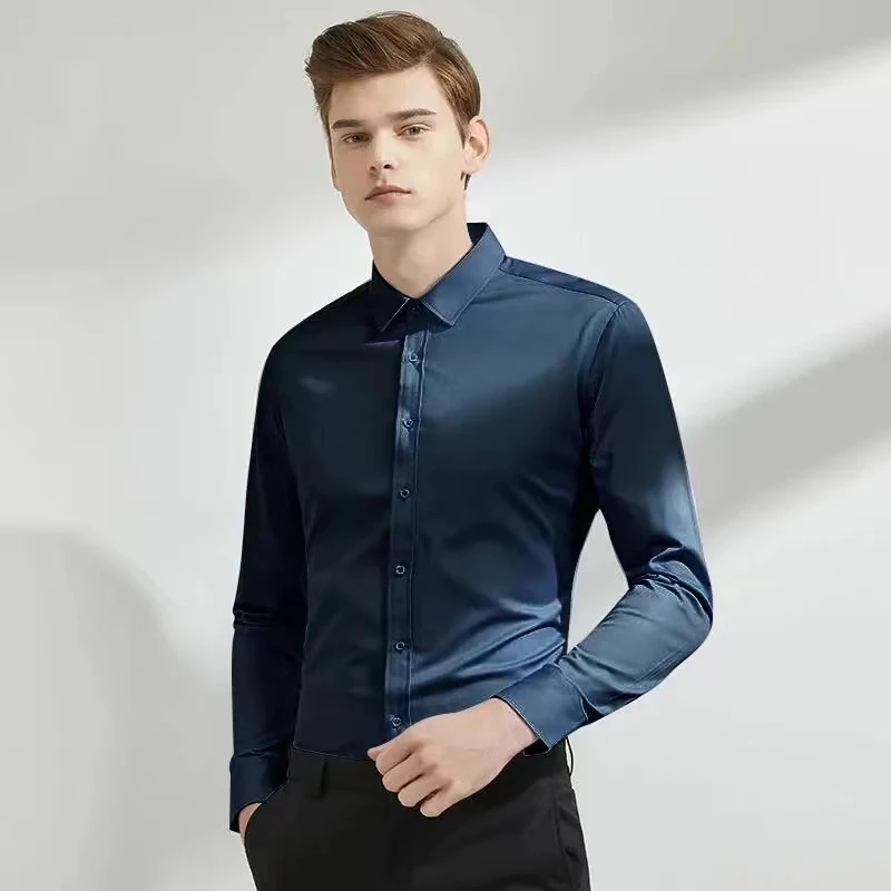 Camisa elástica de manga larga para hombre, vestido de negocios sin planchar, traje de trabajo profesional, camisa con cuello levantado, camisas para hombre