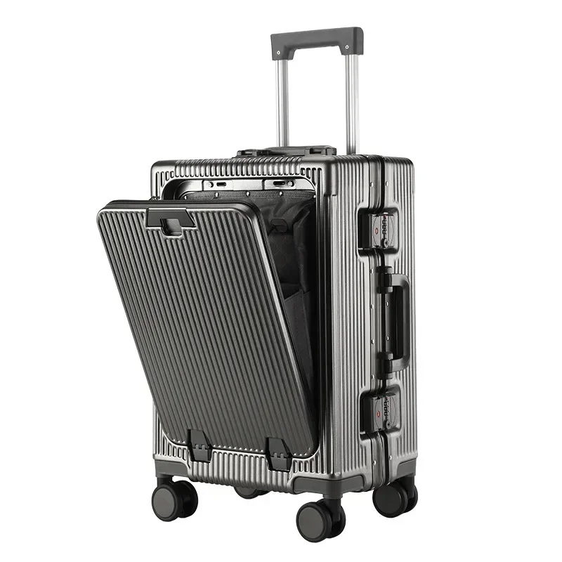 Nueva maleta portátil de 20 pulgadas con apertura frontal, caja de embarque con carga USB, cubierta de carrito, marco de aluminio para ordenador portátil de 24 "+ equipaje ABS