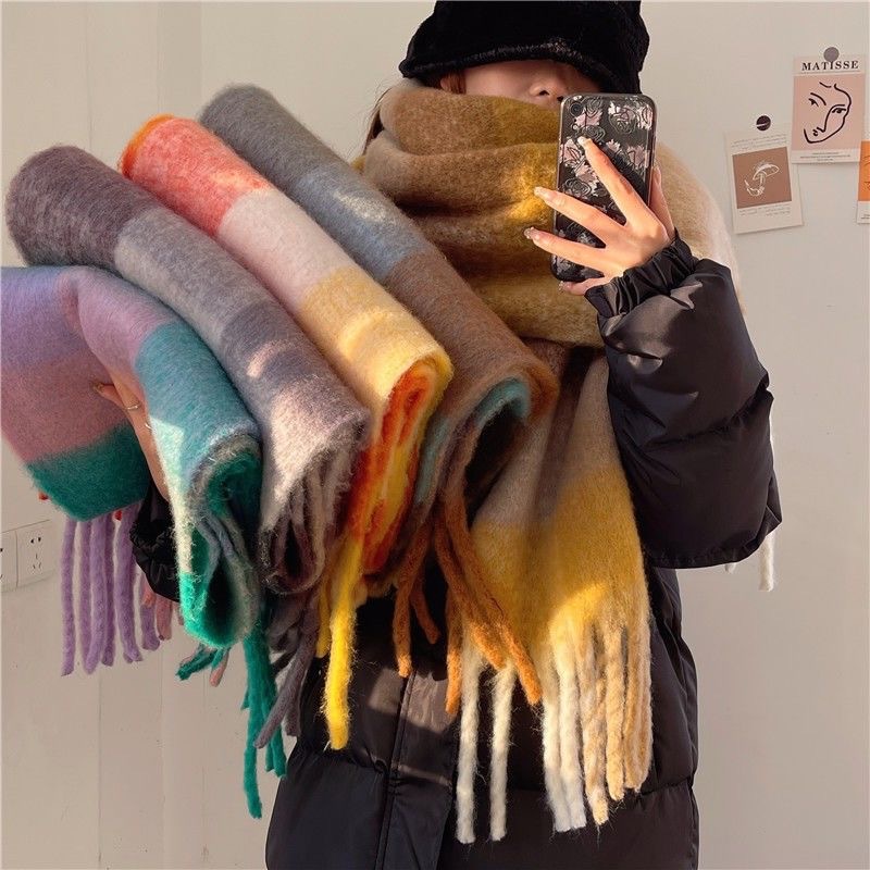 2025 inverno grosso quente cachecol feminino cashmere xale e envoltórios pashmina lenço bufanda feminino arco-íris peludo tessel echarpe novo