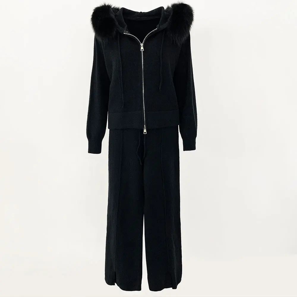 Oftbuy calças de malha jaqueta com capuz com gola de pele de raposa destacável casaco de pele 2024 outono inverno moda camisola terno feminino
