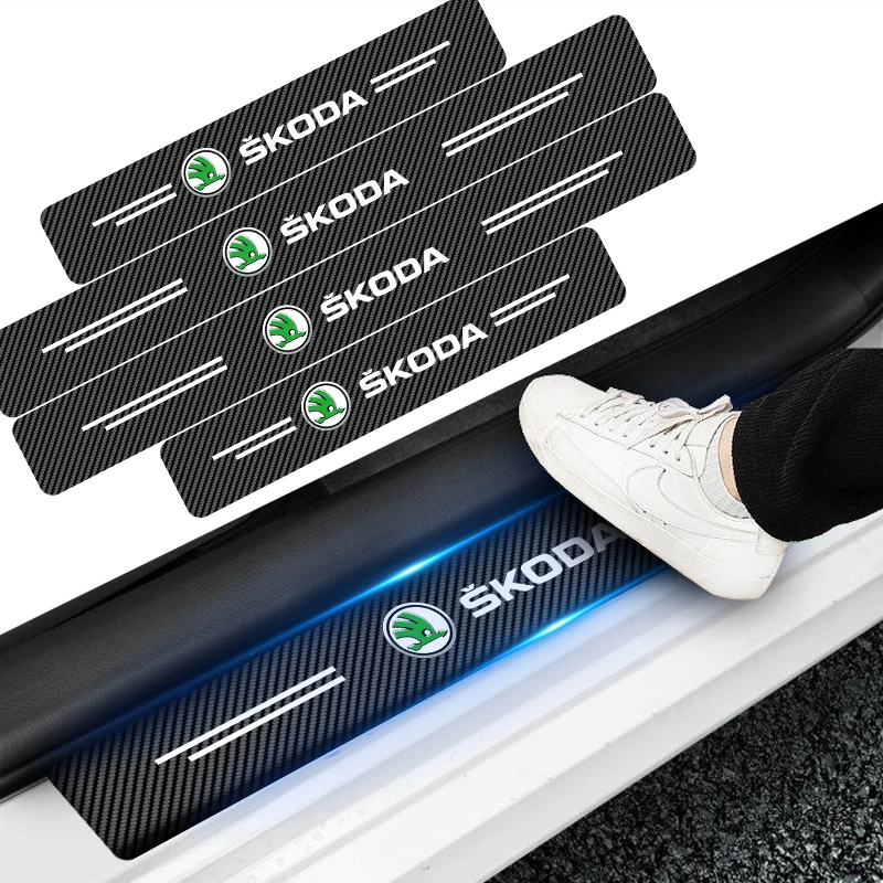 4 Uds pegatina de fibra de carbono para coche, pegatinas impermeables para umbral de puerta de coche para Skoda Octavia MK2 MK3 2 3 A7 Fabia Karoq Kodiaq Rapid