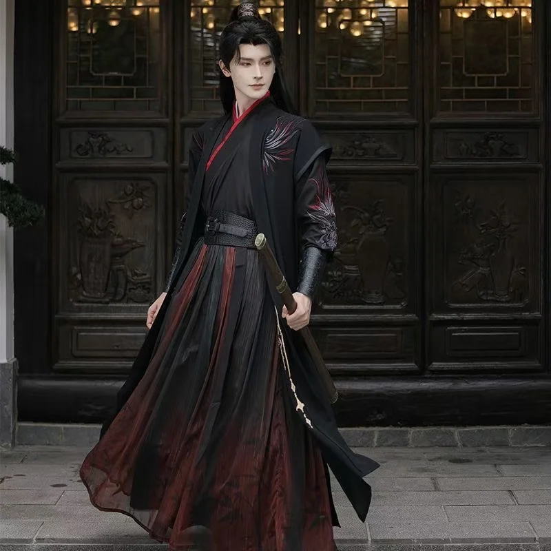 Oryginalna czarna czerwona sukienka Hanfu męska tradycyjna haftowana kostium z kołnierzem krzyżowym Vintage nocny szermierz odzież typu Cosplay nisza