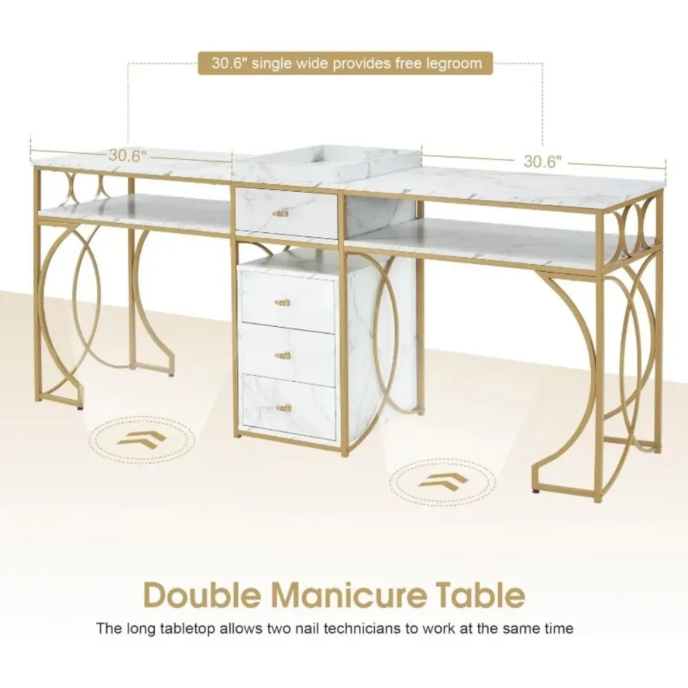 Double Manicure Table for 2 Person, Nail Station Marbling Texture, Long Nail Desk with Storage Drawers, Double Nail Table