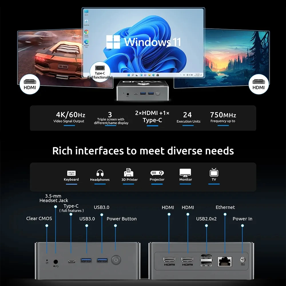 BMAX B4 Plus Mini PC Windows 11 PC Intel N100 16GB 512GB SSD 2*HDMI 1*Type-C Obsługuje 4K@60Hz 750MHz Intel UHD Graphics minipc
