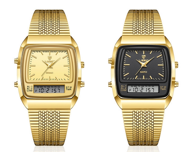 Relógio Eletrônico de Quartzo Dourado para Casal, Impermeável, Tela Dupla, Luz Avançada, Luxo, Negócios, Lazer, Multi Funcional