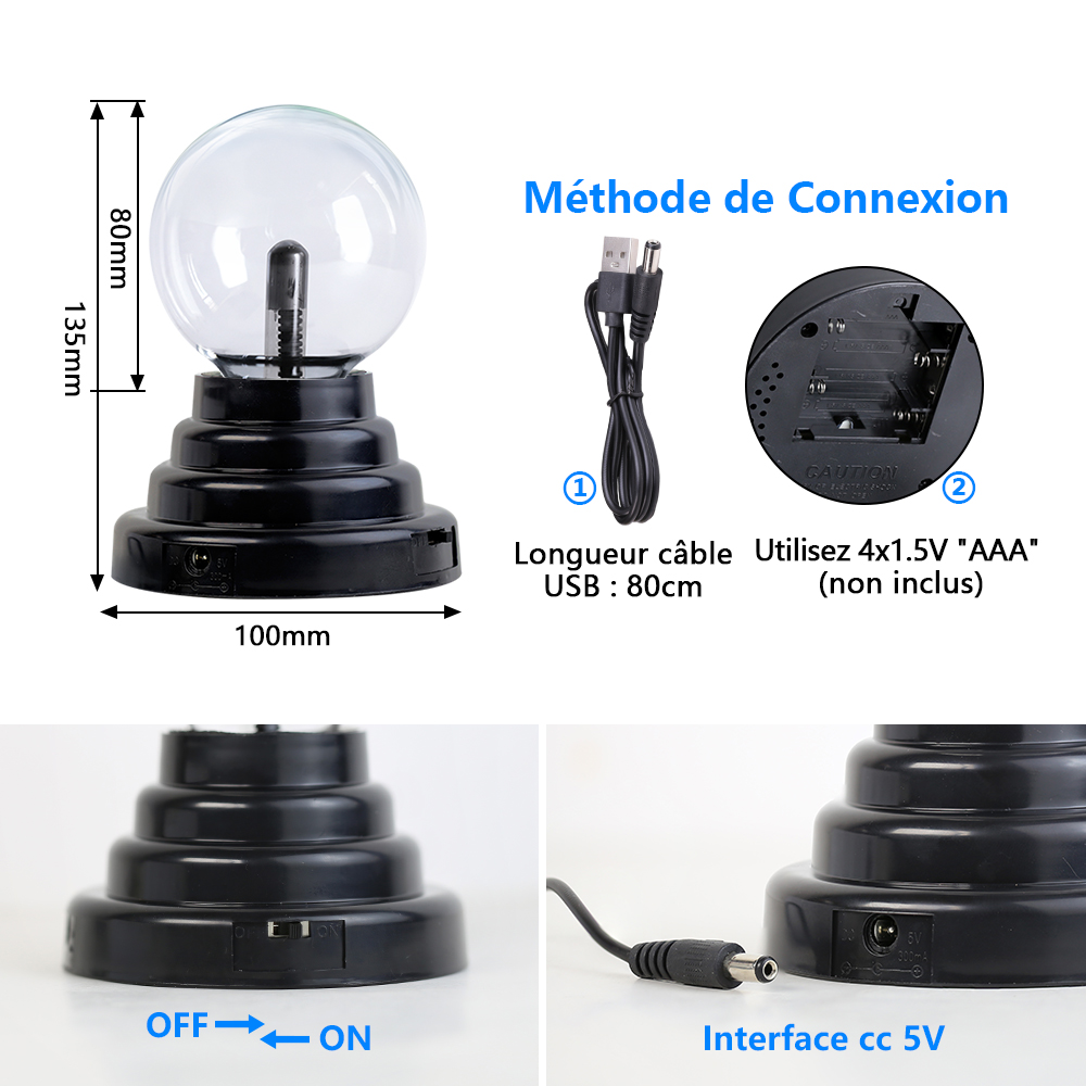 Veilleuse LED en boule de cristal plasma, USB, batterie 5V, nouveauté, veilleuse pour enfant, anniversaire, Noël, décoration pour enfants, nouveautés magiques, 3 pouces