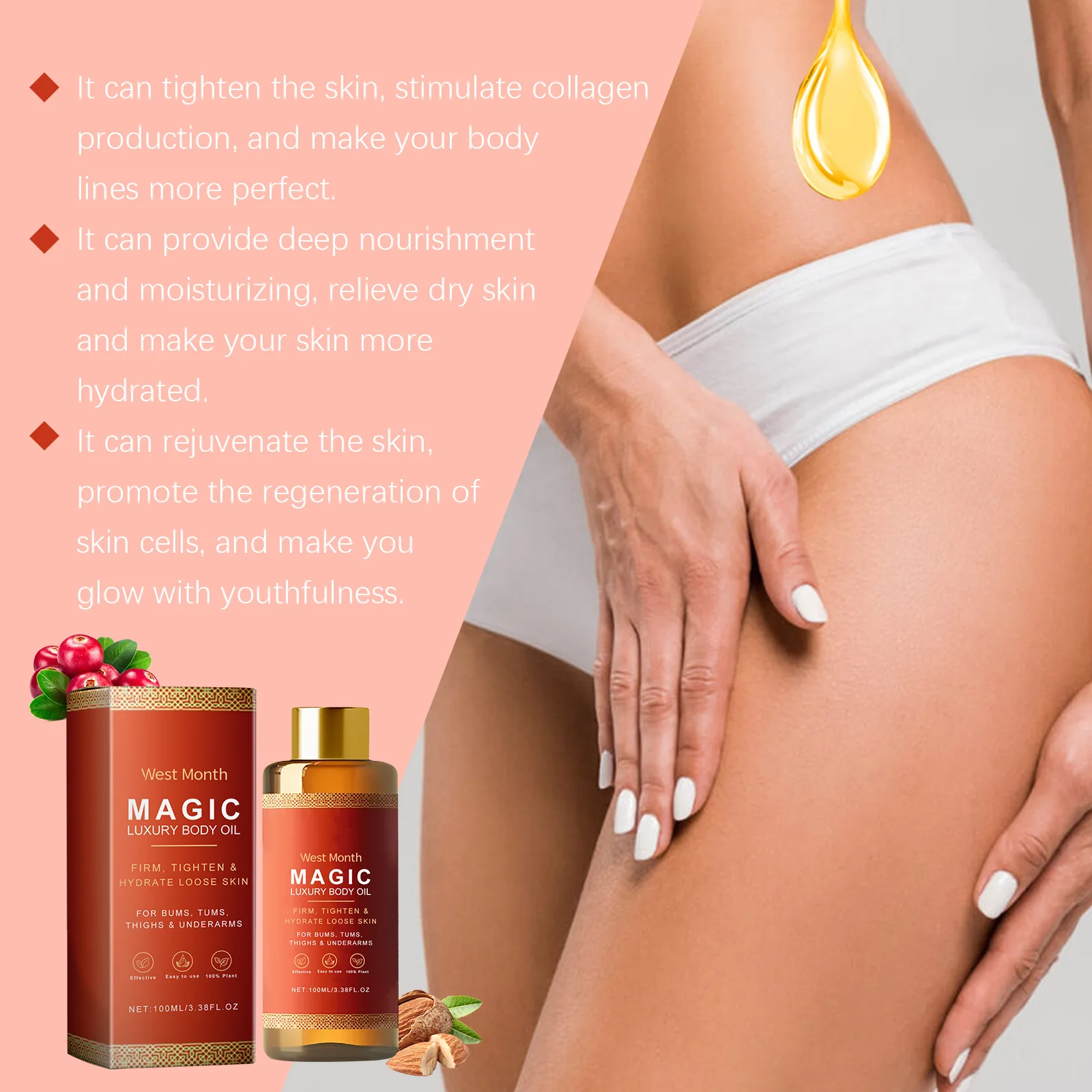 West Month Magic Luxus-Körperöl, feuchtigkeitsspendend, hautstraffend, Lifting, fest, Brust, Oberschenkelstraffung, glatte Verjüngung, Körpermassageöl