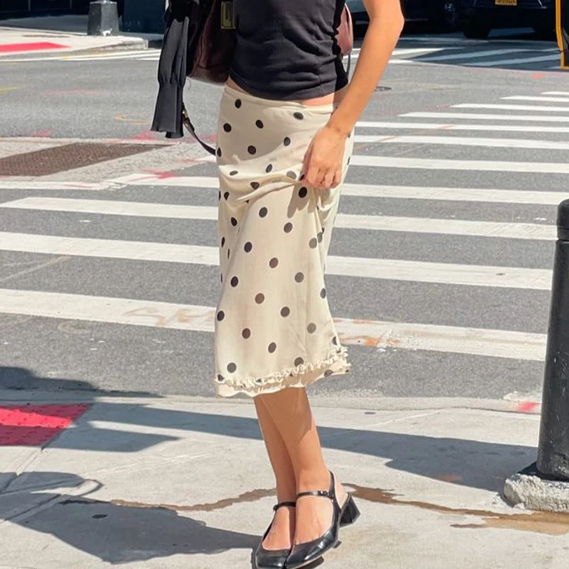 SUCHCUTE, falda de longitud media con estampado de puntos a la moda, faldas rectas con dobladillo fruncido elegante para mujer, trajes informales de oficina para verano para mujer