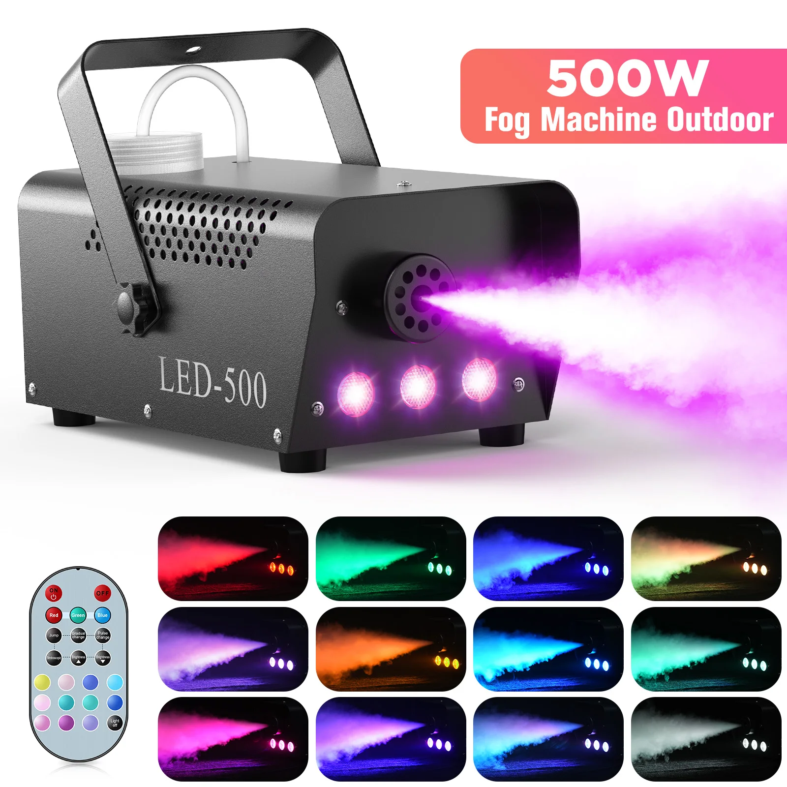 U'King 500W Machine à fumée RGB 3 LED Machine à brouillard de couleur mixte avec télécommande éjecteur de fumée de scène pour DJ Halloween Noël