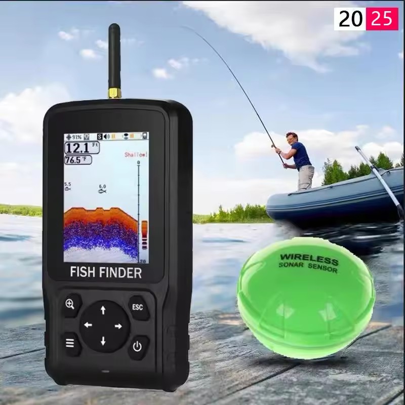 Inglês/russo 200 metros colorido sem fio inventor de peixes matriz de pontos sonar transdutor profundidade eco sounder bateria recarregada