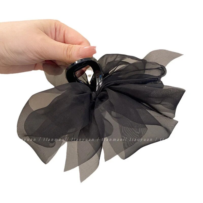 Mode Mesh Tüll Große Schleife Greif Clip Elegante Retro Weibliche Net Garn Pferdeschwanz Geflecht Klaue Clip Haar Zubehör Geschenk Kopfschmuck