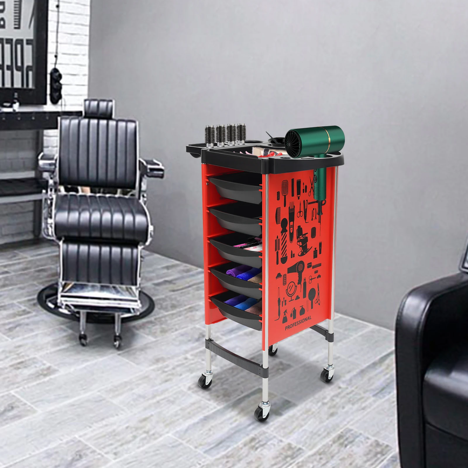 6-stufiger Salonwagen mit Trocknerhalter, Mehrzweck-Schönheitswagen mit 5 Schubladen, platzsparende Salonmöbel