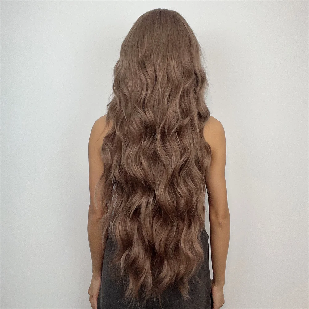 Perruques synthétiques bouclées Super longues marron chocolat avec frange, perruque de Cosplay Afro ondulée naturelle résistante à la chaleur pour femmes