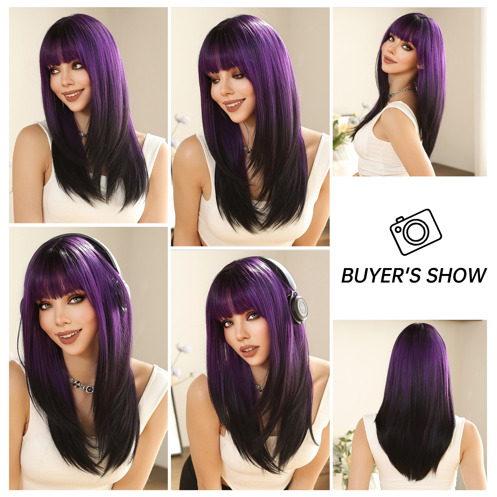 Perucas sintéticas em camadas retas roxo preto ombre peruca com franja comprimento médio colorido peruca cosplay para mulher peruca resistente ao calor