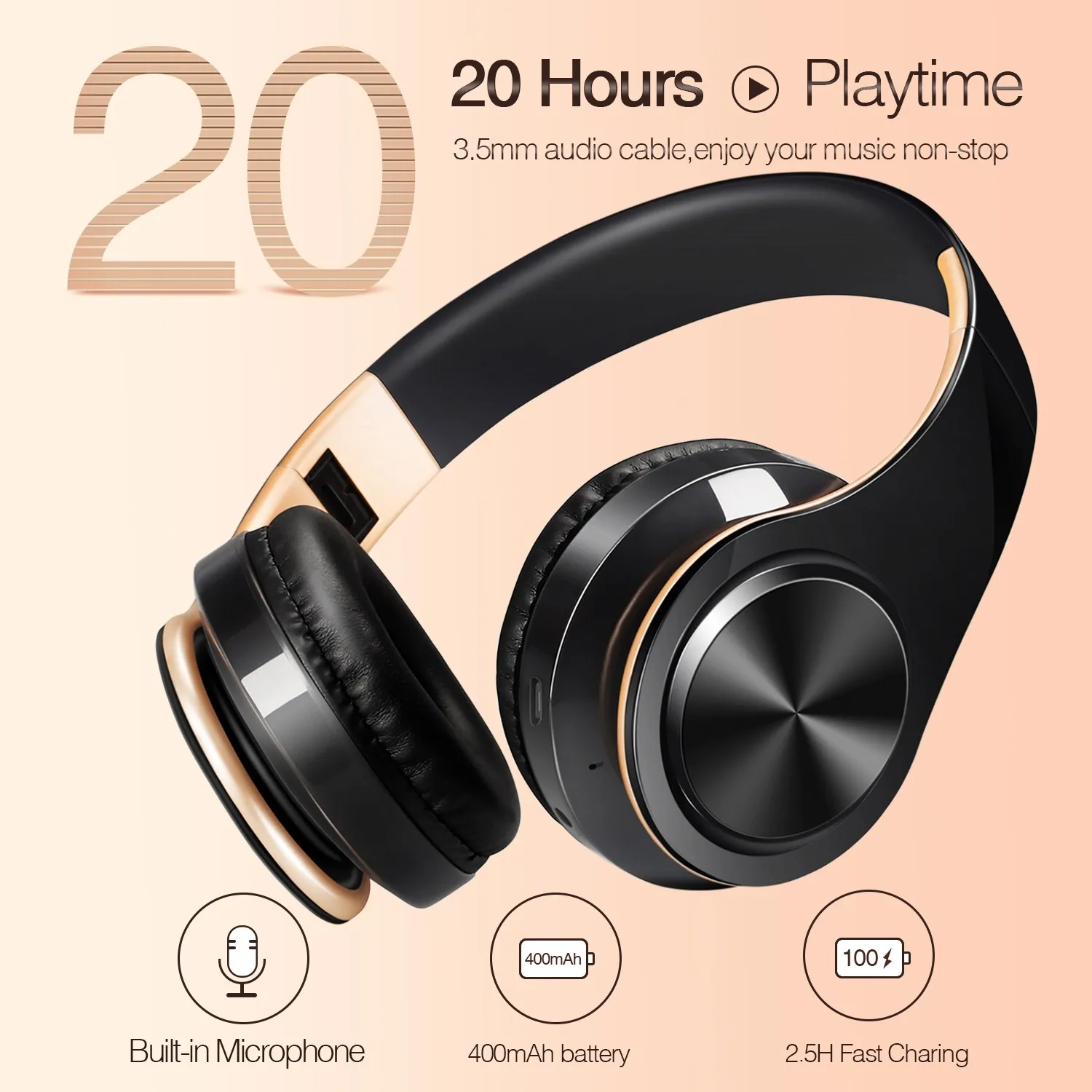 Regalo para hombres Auriculares inalámbricos dorados Auriculares Bluetooth Auriculares estéreo Juego con micrófono incorporado con universal para Android e iOS