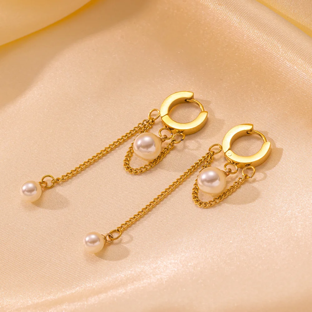 Anting-anting baja tahan karat mutiara imitasi untuk wanita gadis anting-anting Pesta rumbai panjang romantis berlapis emas perhiasan modis