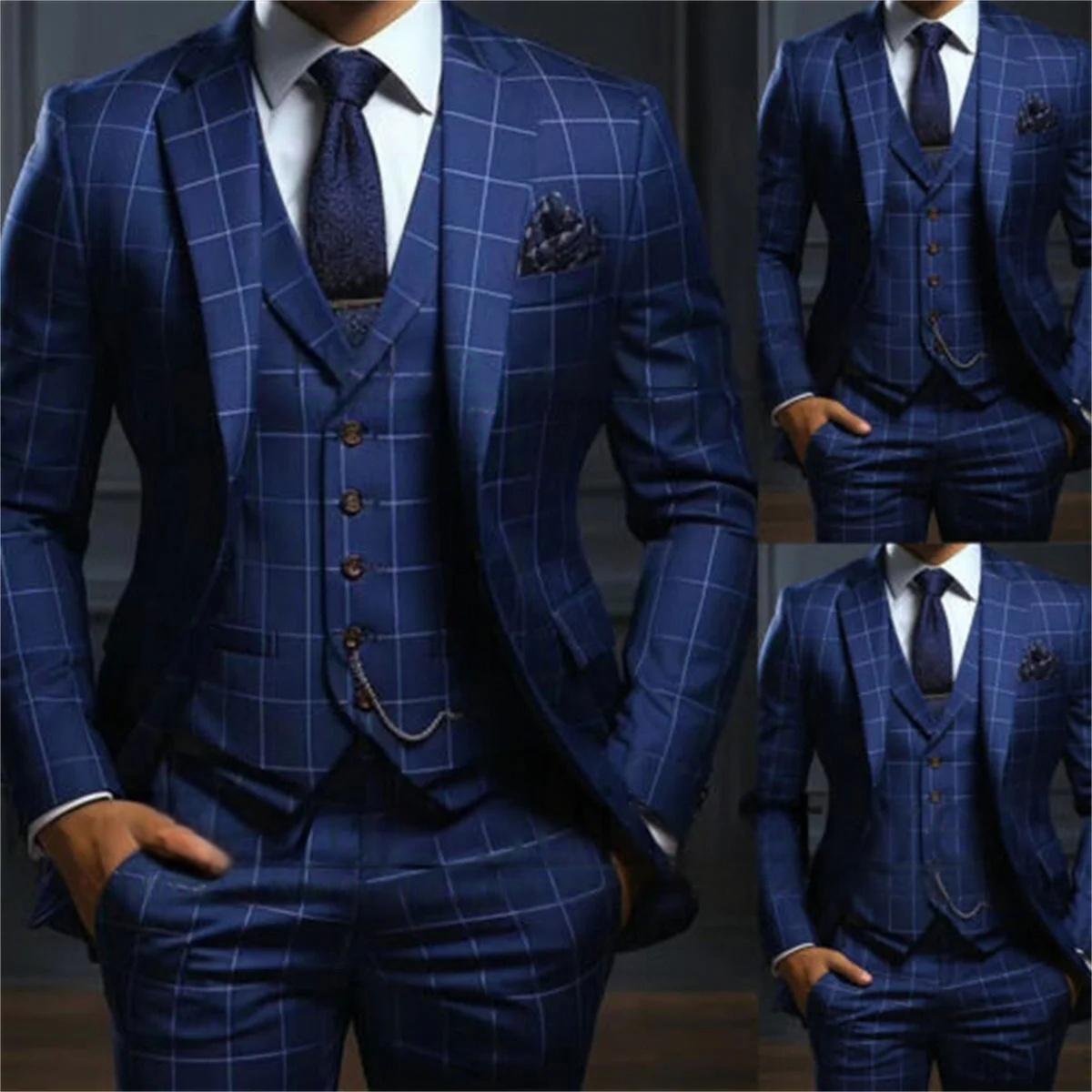 Azul marinho xadrez luxuly ternos masculinos fino ajuste entalhado lapela noivo formal smoking baile de formatura 3 pçs define negócios masculino blazer traje homme