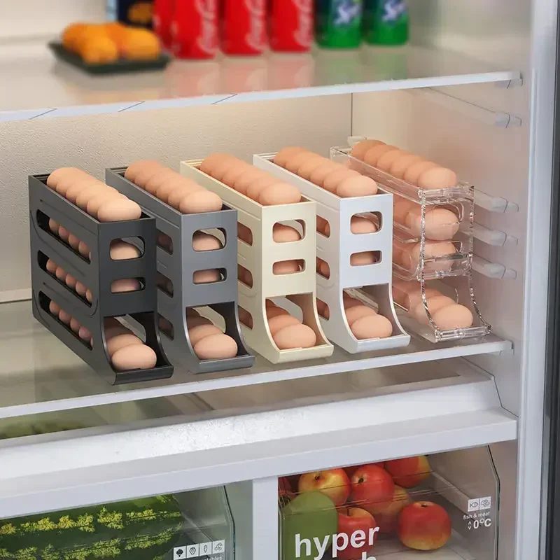 4 Tiers Egg Holder for Fridge， Automatic Egg Rolling Rack, 30 Eggs Storage Rack, Egg Distributor for Refrigerator, Egg Storage
