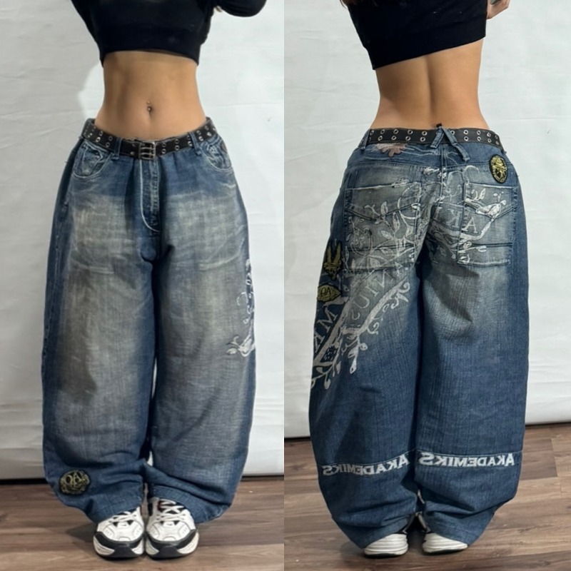 ストリート新ファッション特大プリント刺繍だぶだぶのジーンズ女性 Y2K ゴシック原宿ヴィンテージポップハイウエストワイドレッグパンツ