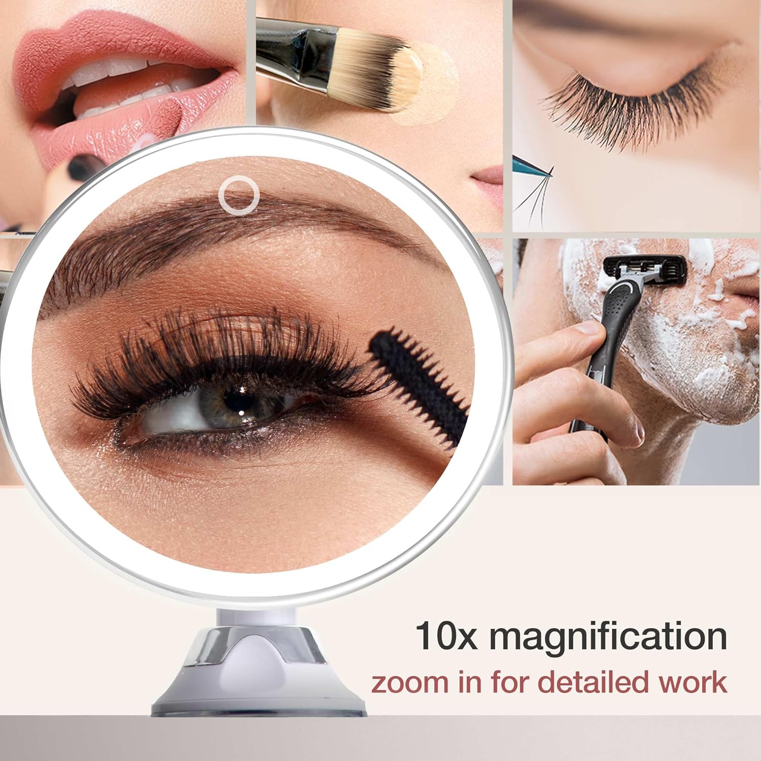 LED Makeup Magnifying Mirror 3 Light Colors Illuminated with 10x Magnification and Suction Cup 360° Rotation Brightness Dimmable