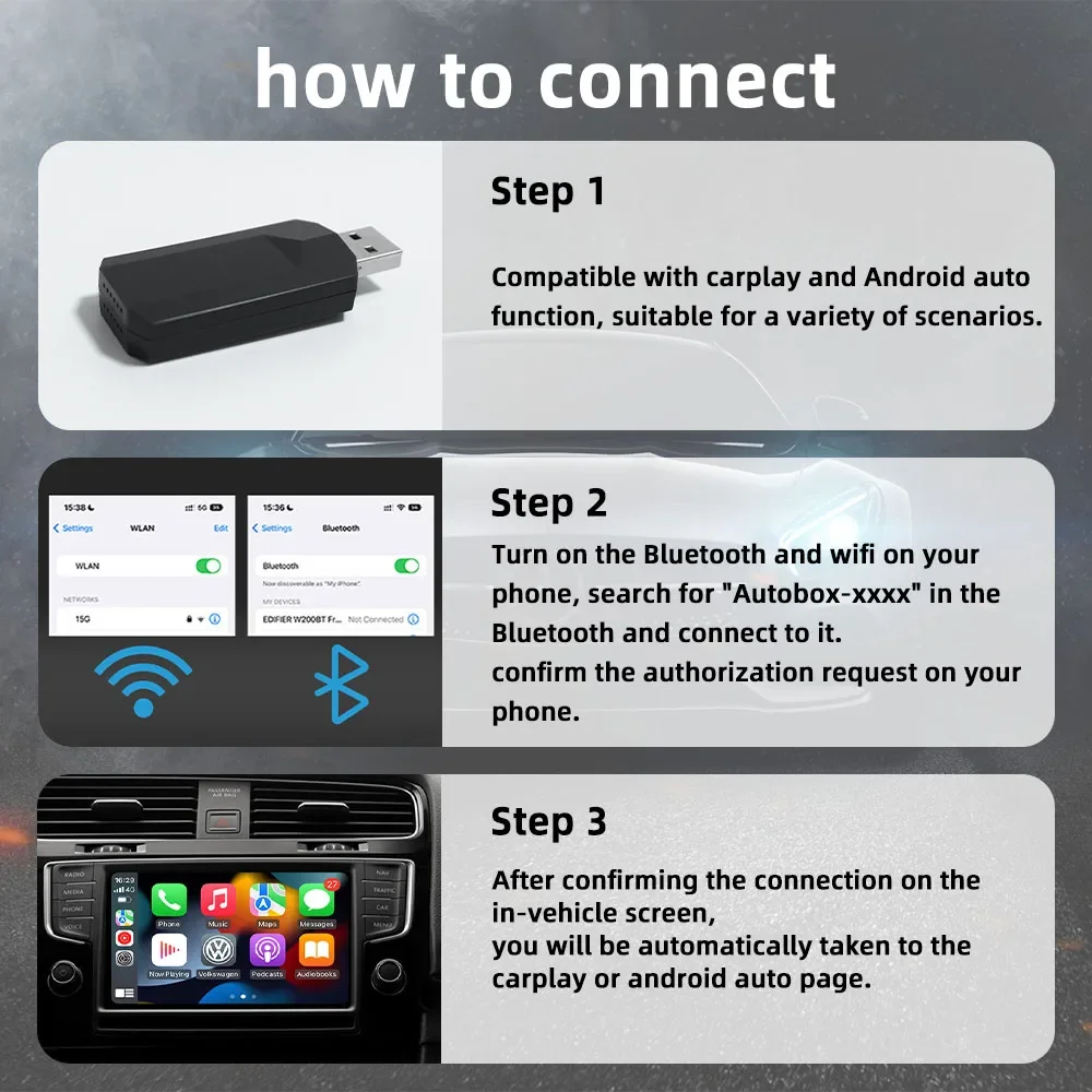 Caja 2 en 1 con cable a inalámbrico, adaptador automático CarPlay Android para estéreo de coche OEM, Plug and Play, enlace inteligente, conexión rápida Universal