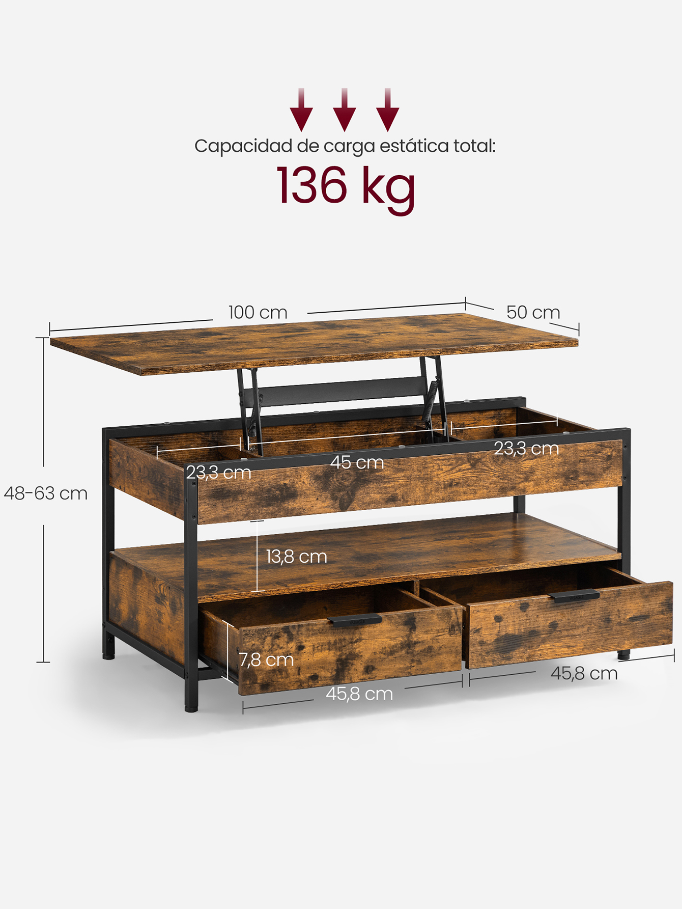 Mesa de centro elevable VASAGLE: cajones de almacenamiento, compartimentos ocultos, estante abierto. Gris carbón/tinta negra. Ideal para la sala de estar.