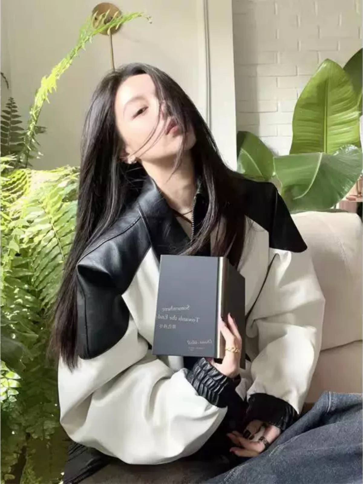 Blouson en cuir à manches longues pour femmes, vintage, chic chinois, noir et blanc, printemps automne