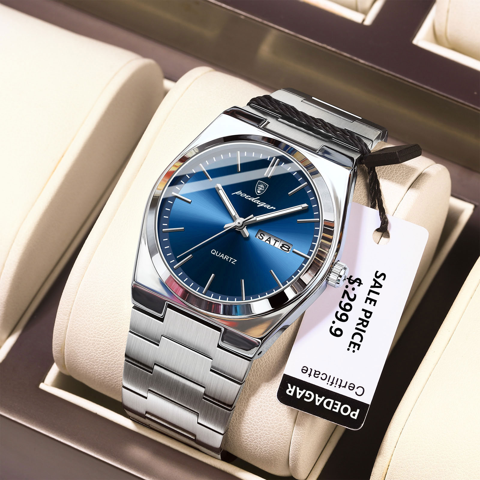 Reloj POEDAGAR de lujo para hombre, resistente al agua, luminoso, con fecha, semana, reloj de acero inoxidable para hombre, relojes de cuarzo informales para hombre, reloj masculino + caja