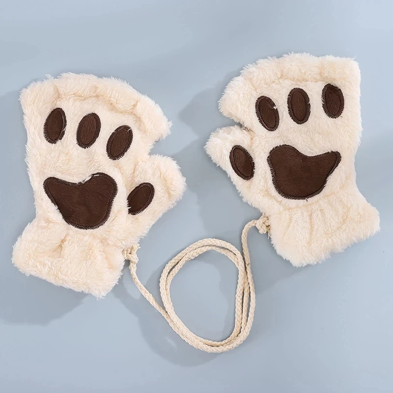 Rimiut-luvas de garra de gato de desenho animado para mulheres, meninas, espessadas, peluches, estilo adorável, pata de urso, dedos expostos, meio dedo, inverno