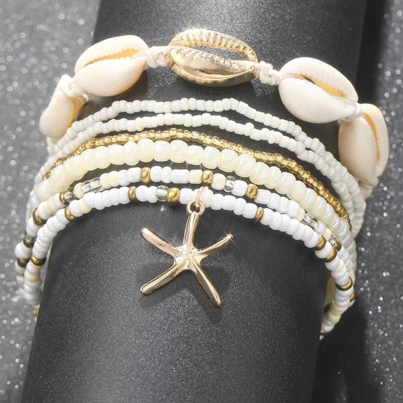 7 unid/set de cuentas de arroz bohemias, conjunto de tobillera con colgante de estrella de mar, moda de verano, playa, concha de mar, pulsera de tobillo multicapa, joyería para pie