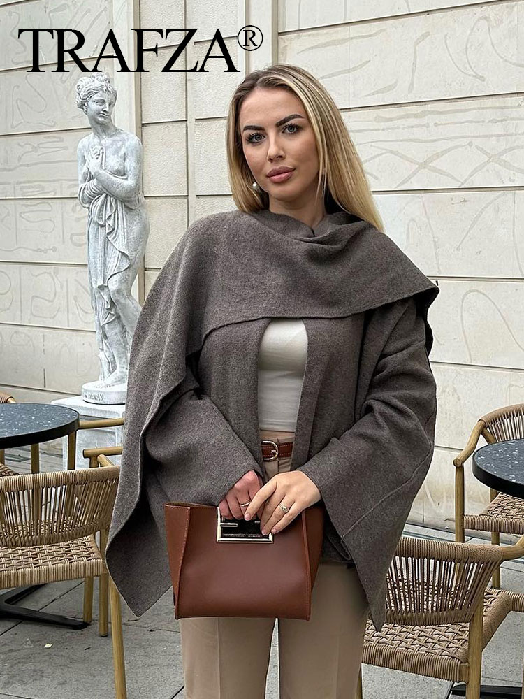 TRAFZA Herfst Vrouwen Losse Asymmetrische Sjaal Gebreide Jas Effen Lange Mouw Enkele Knop Zijsplit Vest Dame Bovenkleding