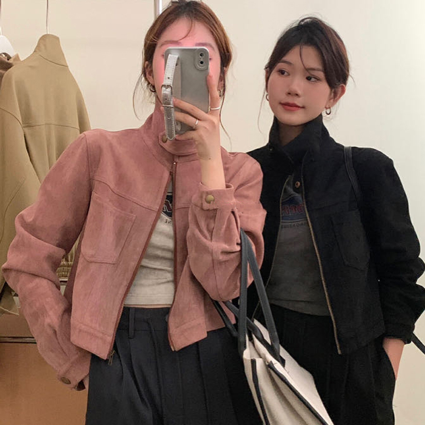「MD」"A · Fashion" Retro Design Sense Deerskin Velvet Temperament Slimming Stand Collar Short coat Top 5 Colors