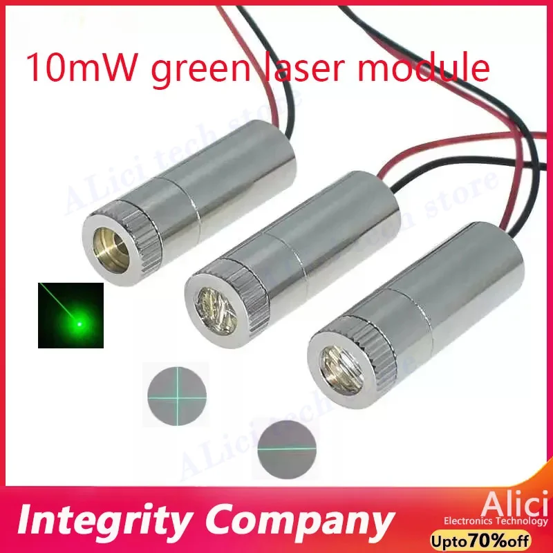 Módulo láser verde de 520nm, 10mW, punto verde/palabra/pelo cruzado, cabezal láser de posicionamiento horizontal, longitud focal ajustable 3V-5V