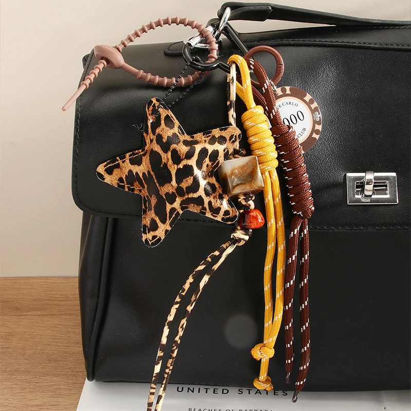 Fashion Leopard Starfish Keychain Cute Balloon Dog Leather Charm Women Maximalist Bag Ornaments Accessories Braided Rope Keyring