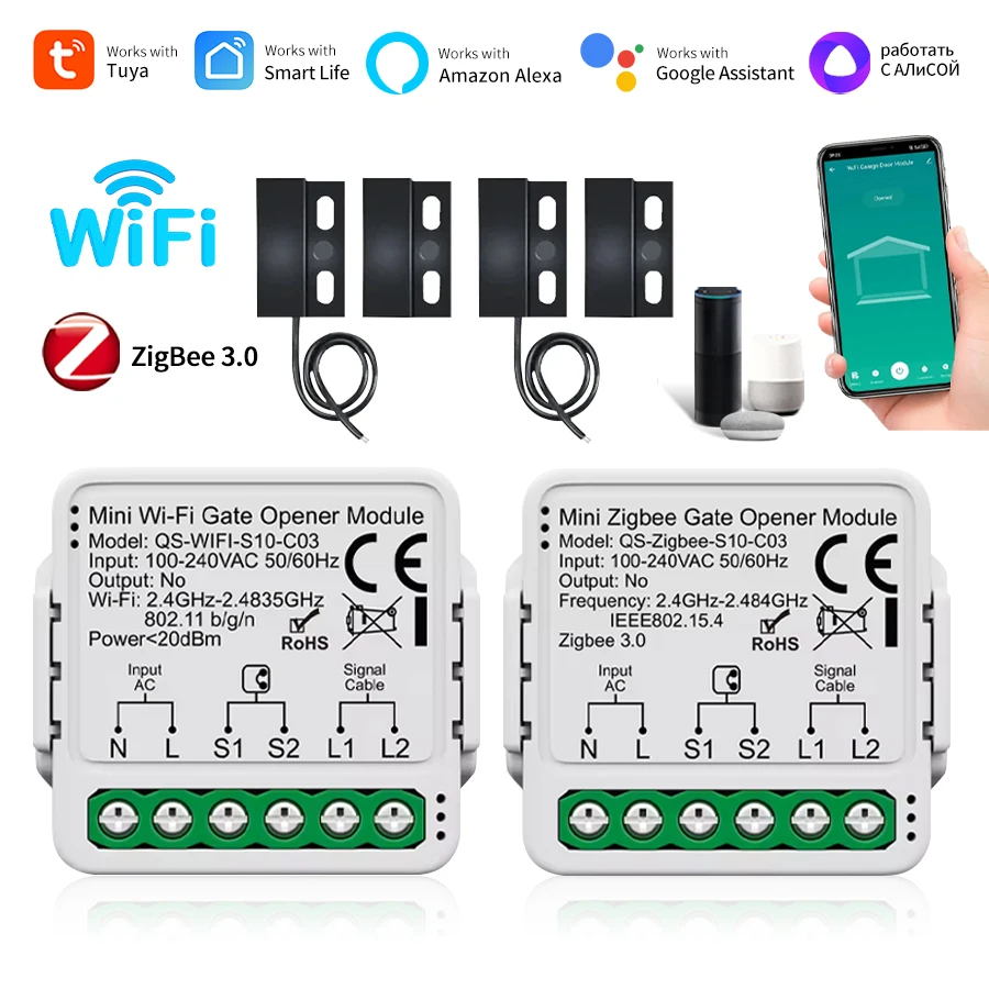 Interruptor inteligente Tuya Zigbee/WiFi de 100-240V, módulo controlador de abridor de puerta de garaje, Control por aplicación de voz, funciona con el asistente de Google Alexa