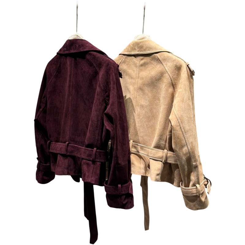 Casaco de camurça de carneiro feminino, capa pequena, tipo capa, couro bege roxo