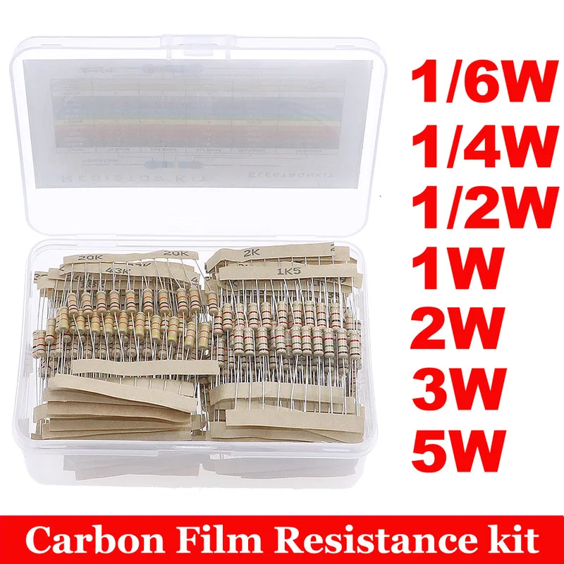 1/6W 1/4W 1/2W 1W 2W 3W 5W 5% 0 ohm-10M Resistencia de película de carbono Kit surtido de resistencias de anillo de cuatro colores con caja